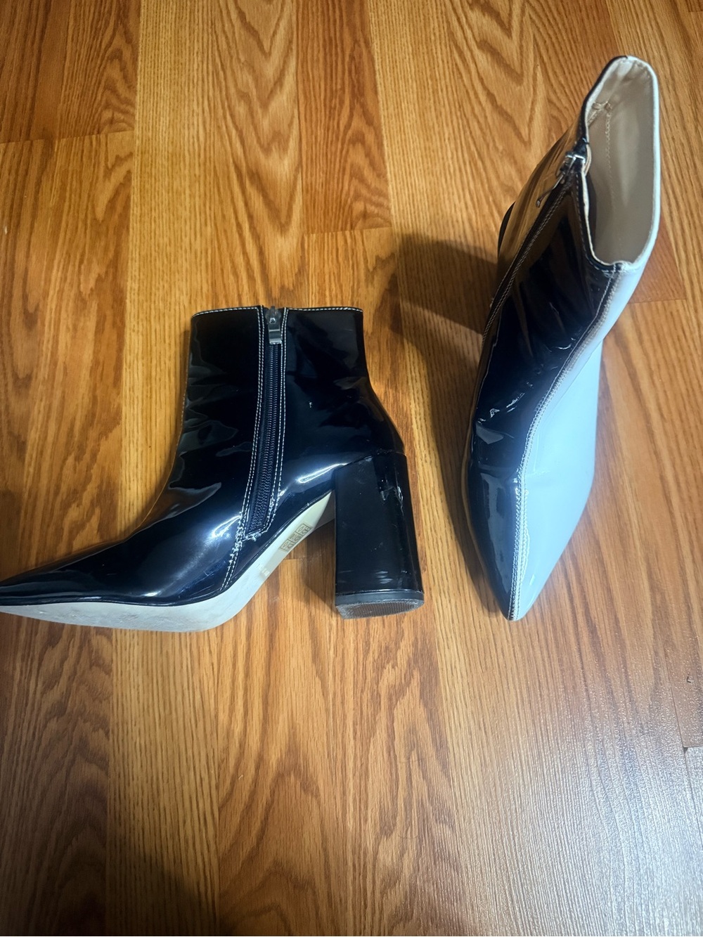 Patent Two-Tone Pointed Toe Ankle Boots - Black and White